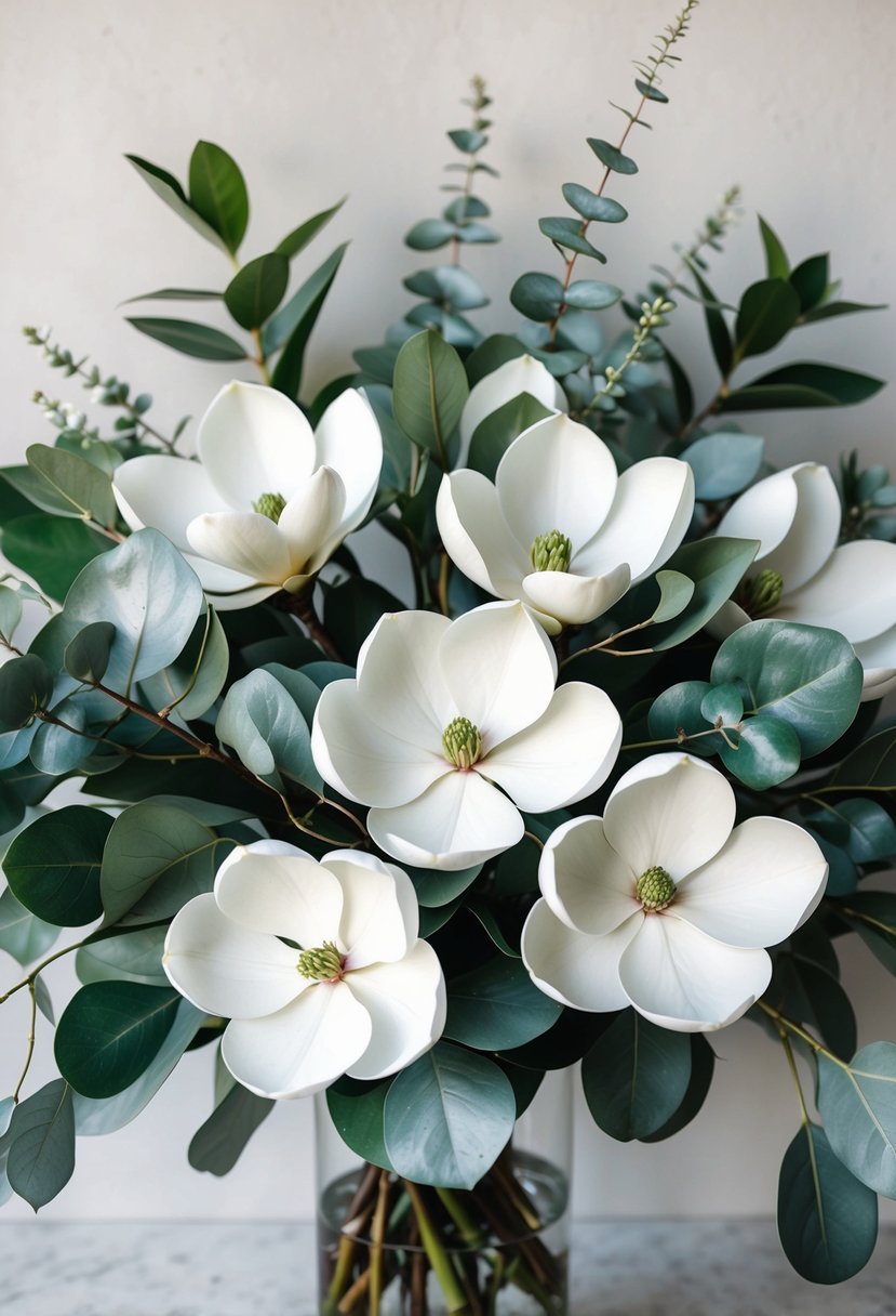 A lush bouquet of white magnolias and silver-green eucalyptus leaves arranged in a harmonious and elegant composition