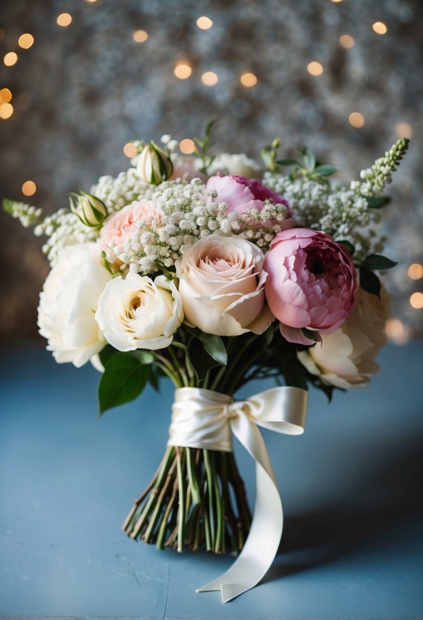 A vintage wedding bouquet with roses, peonies, and baby's breath, tied with satin ribbon