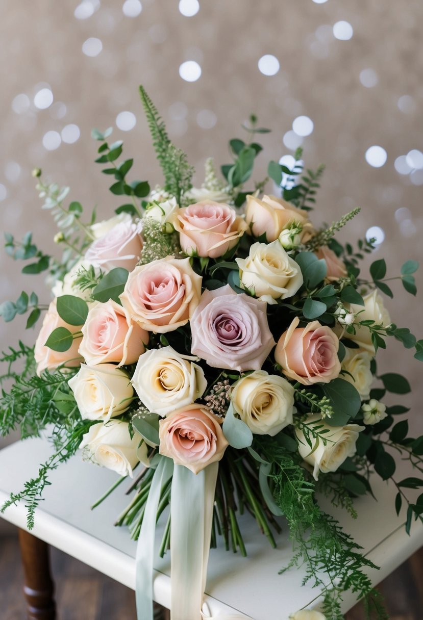 A vintage-inspired bouquet of roses in soft pastel colors, arranged in a cascading style with greenery and delicate ribbon accents