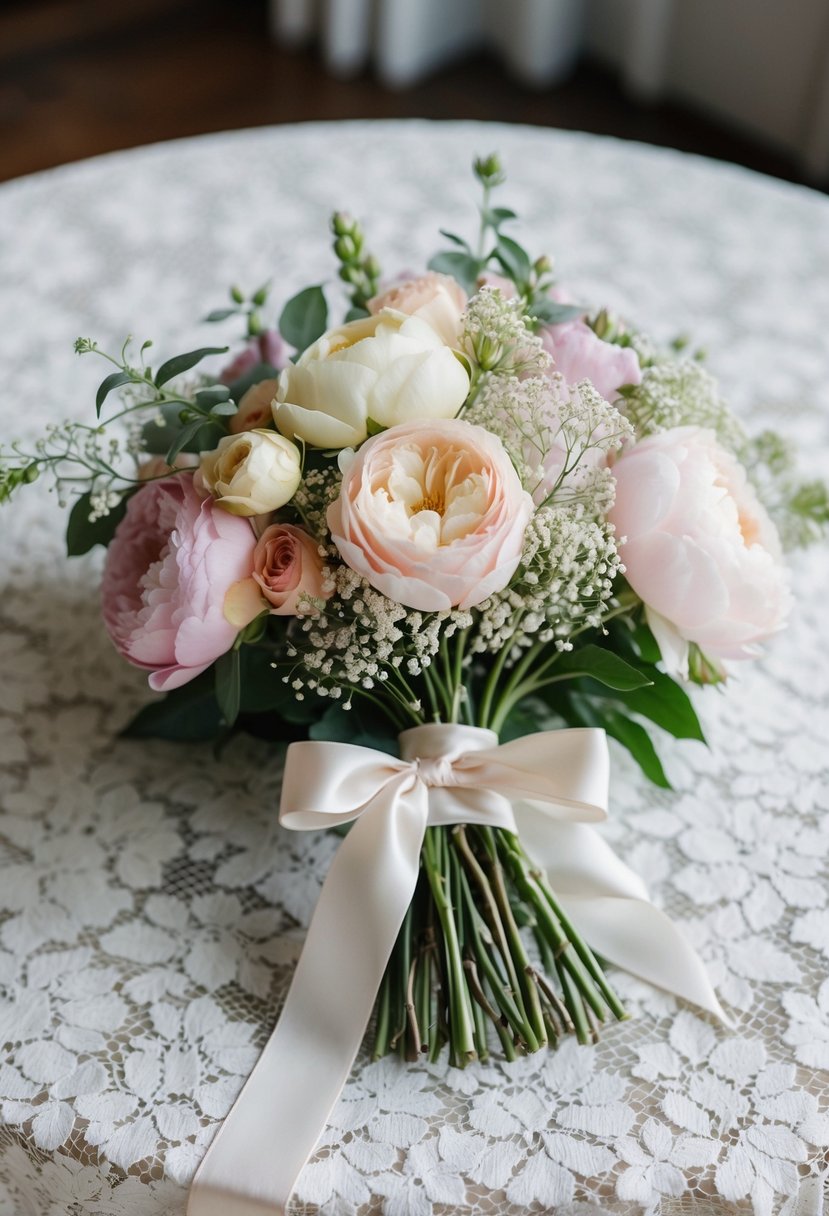 A delicate pastel bouquet of roses, peonies, and baby's breath tied with a satin ribbon, resting on a vintage lace tablecloth