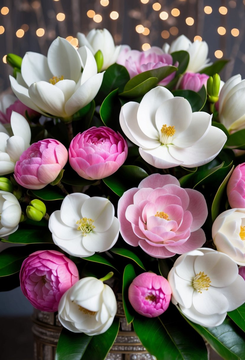 A lush bouquet of white magnolias and pink camellias nestled together in a delicate arrangement