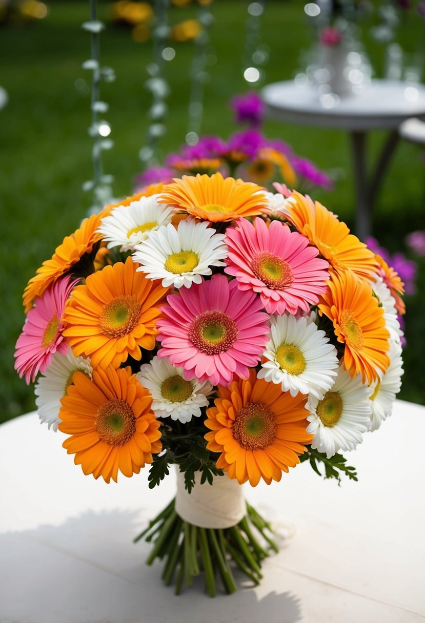 A colorful display of Gerbera daisies arranged in a vintage 1950s style wedding bouquet