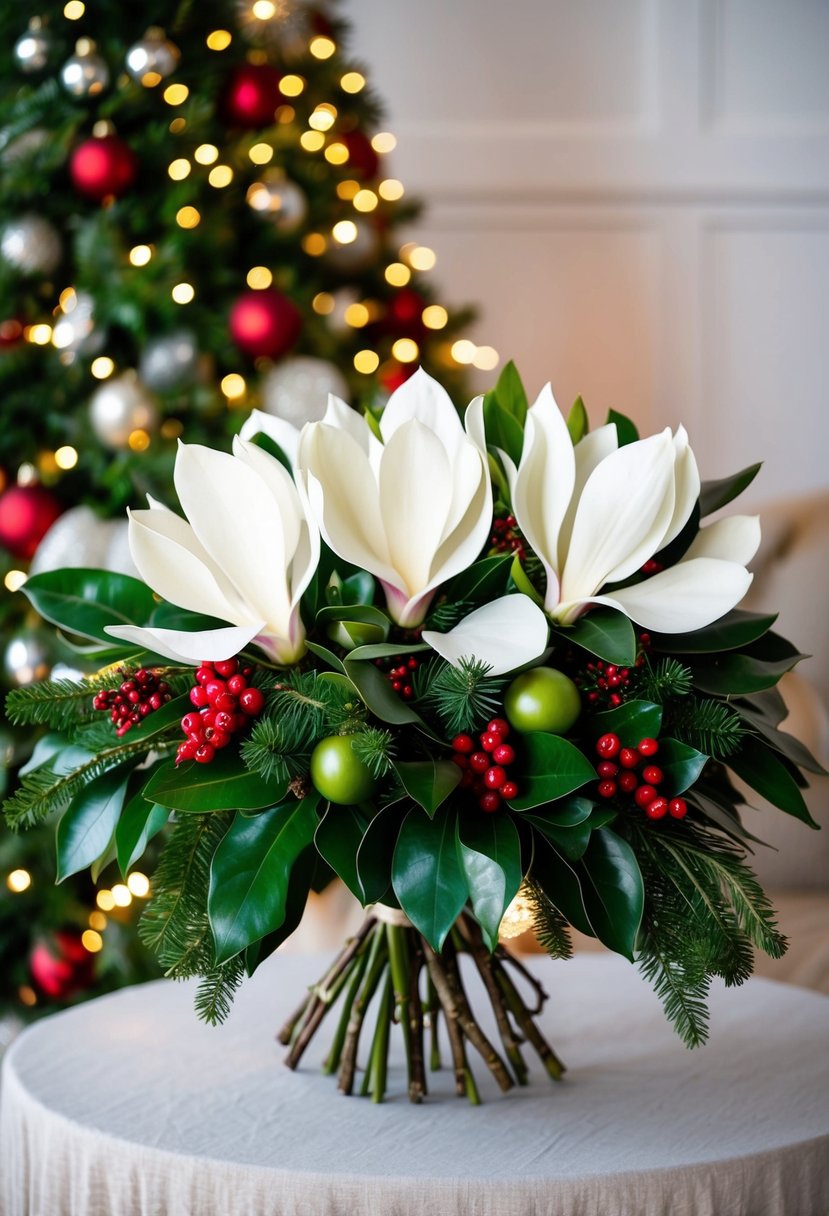 A lush magnolia bouquet adorned with festive Christmas greenery and berries