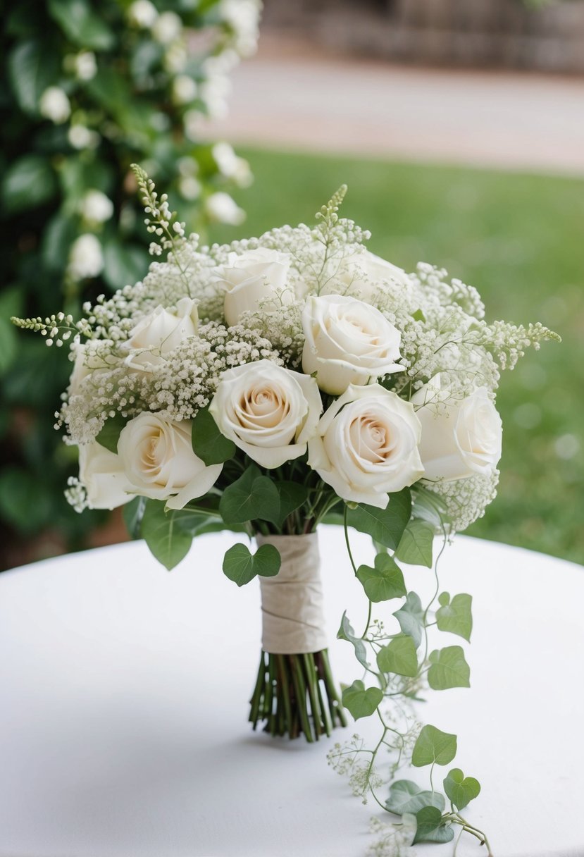 A vintage 1950s-style wedding bouquet featuring cascading white roses, delicate baby's breath, and trailing ivy