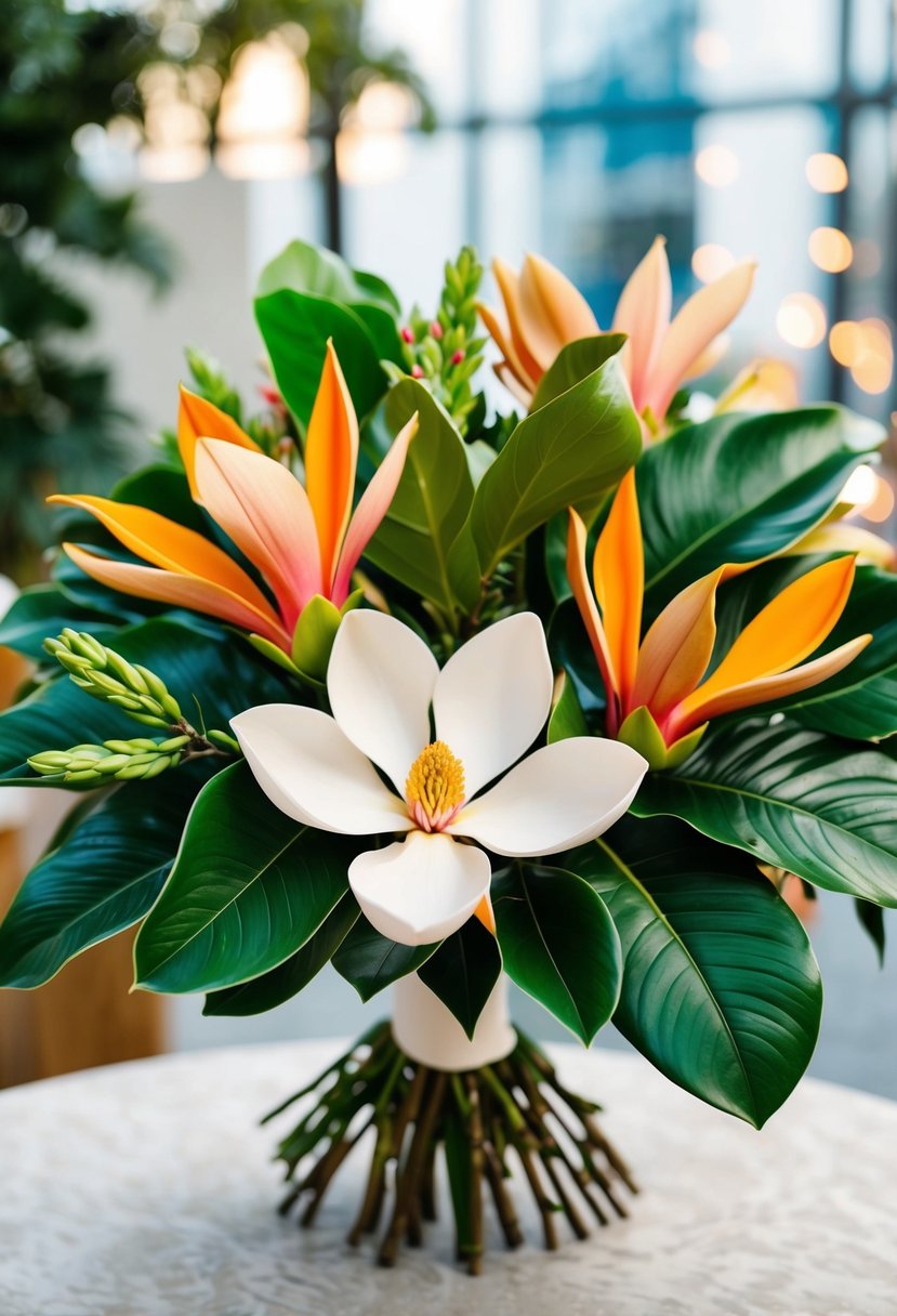 A vibrant tropical magnolia bouquet with splashes of color and greenery