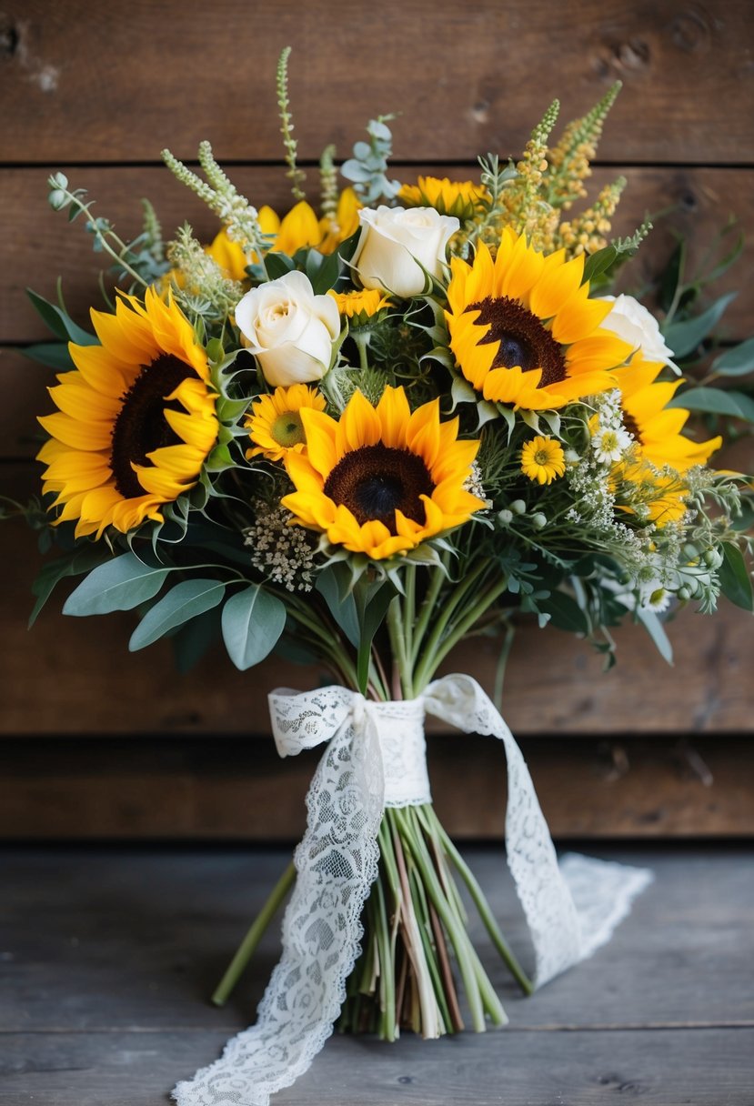 A vintage 1950s style wedding bouquet featuring a rustic arrangement of sunflowers, wildflowers, and greenery tied with a lace ribbon