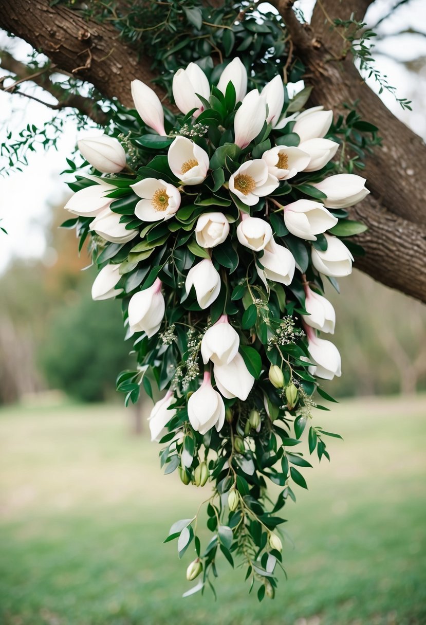 A cascading magnolia wedding bouquet with delicate blooms and lush greenery