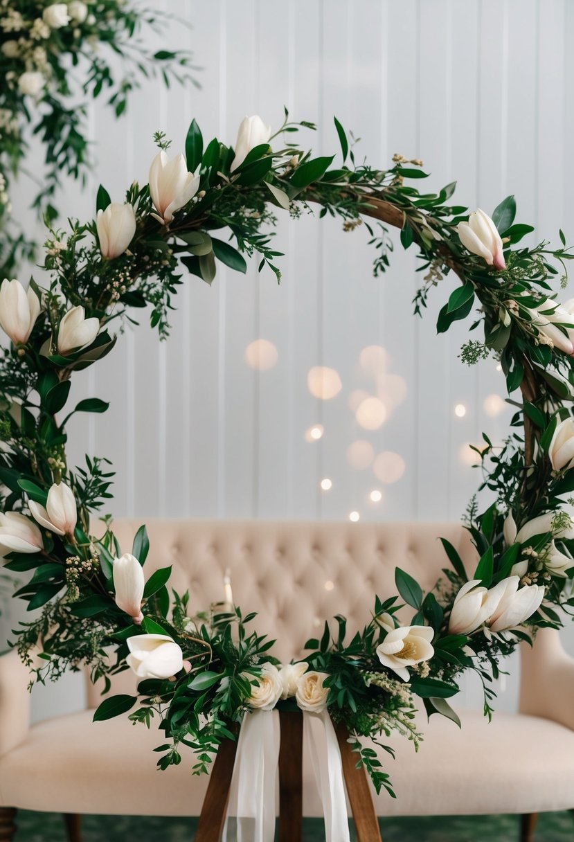 A circular hoop adorned with lush magnolia flowers and delicate greenery, creating a magical wedding bouquet idea