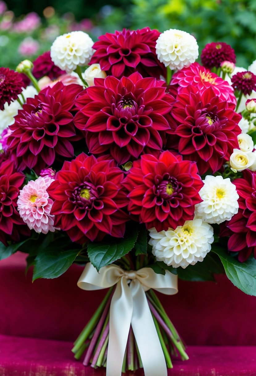 A vibrant bouquet of large, deep red dahlias, surrounded by smaller white and pink flowers, tied with a satin ribbon