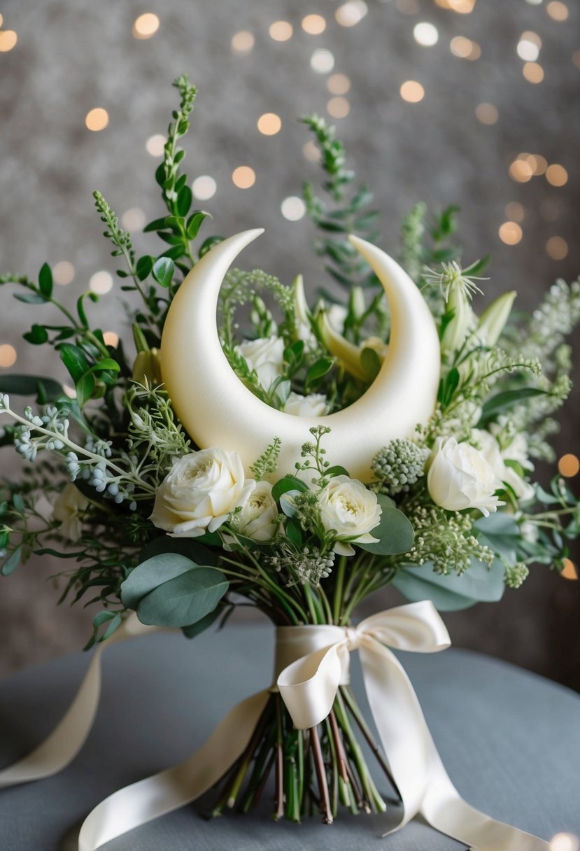 A vintage-inspired bouquet of crescent-shaped moon flowers and delicate greenery, tied with a satin ribbon