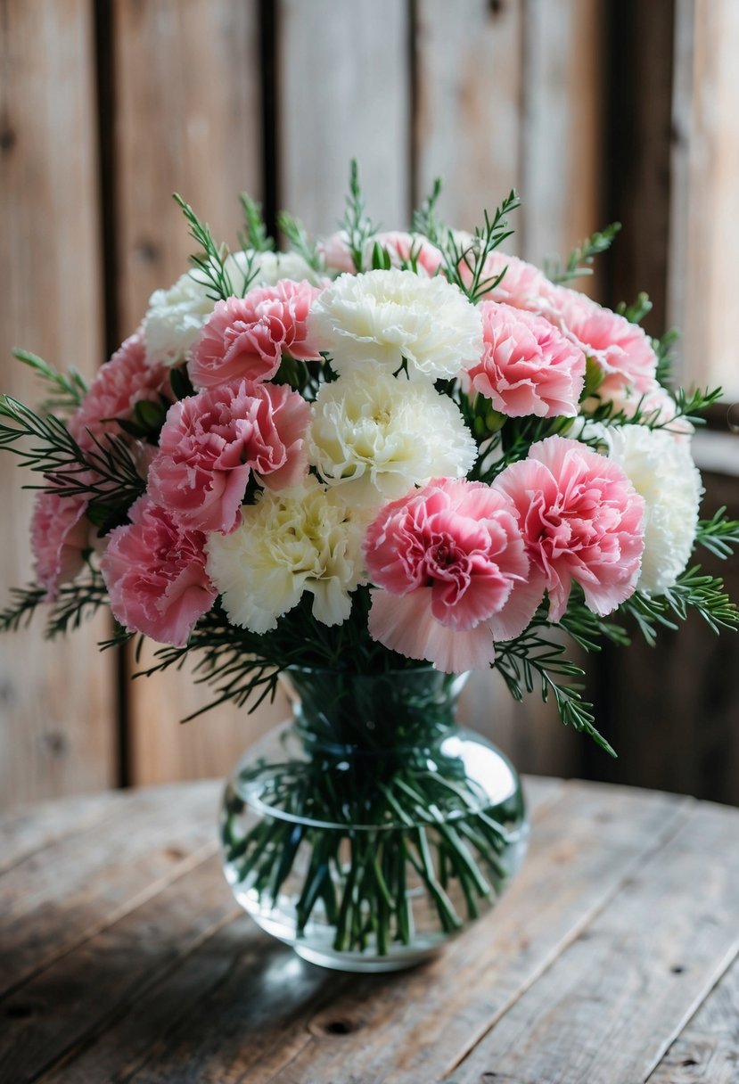 A lush bouquet of pink and white carnations, accented with delicate greenery, sits in a glass vase on a rustic wooden table