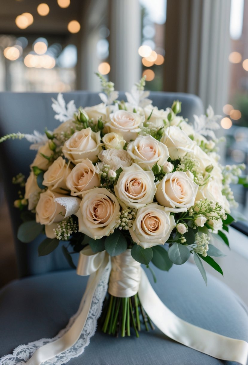 A vintage-inspired wedding bouquet featuring a lush arrangement of classic roses, tied with a satin ribbon and adorned with delicate lace accents