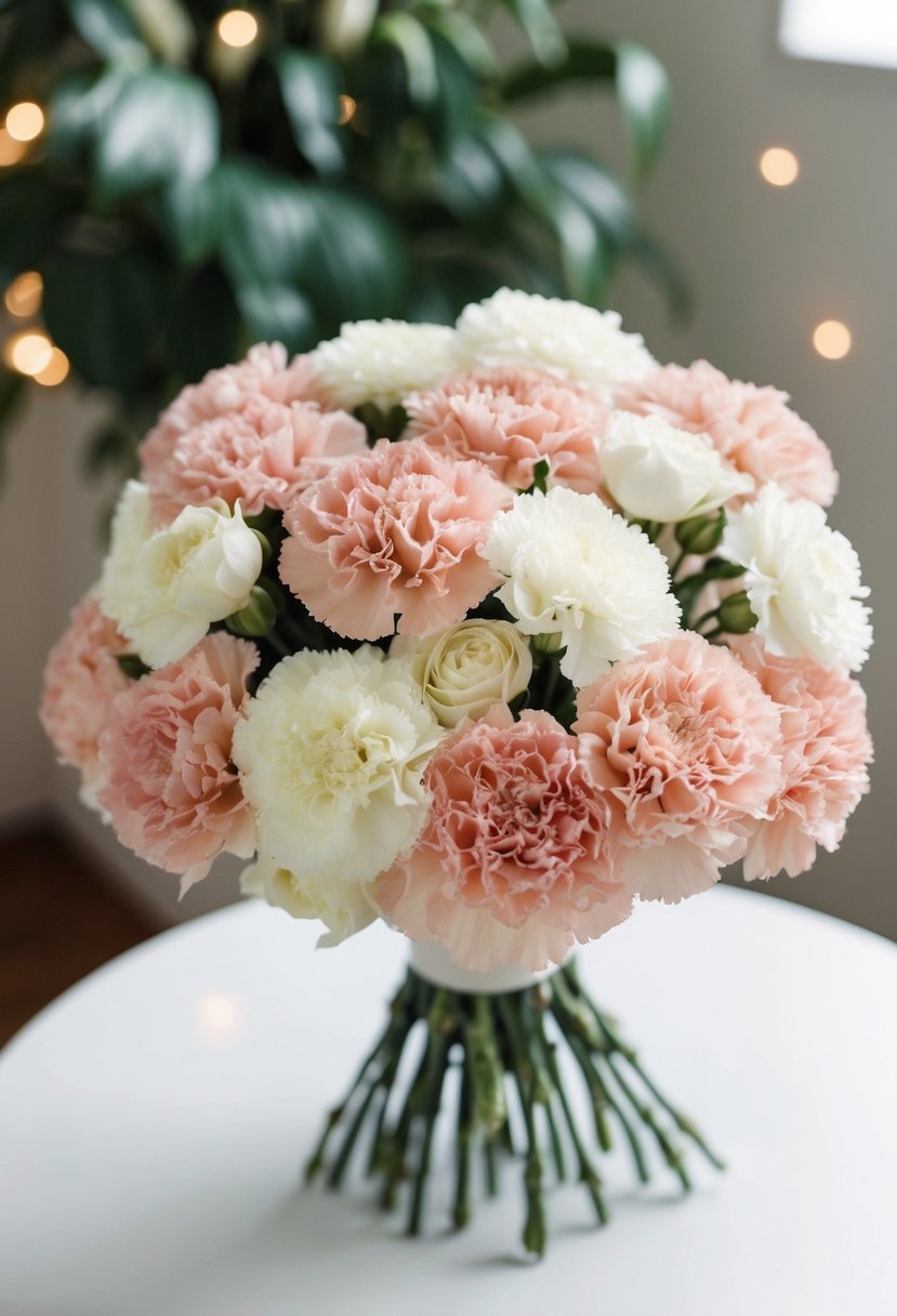 A delicate bouquet of blush and white carnations arranged in an elegant and romantic manner