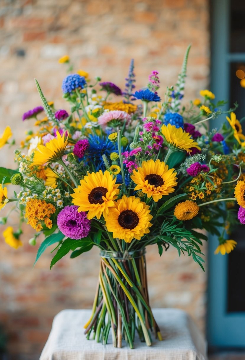 A whimsical bouquet of wildflowers in a vintage 1950s style, featuring vibrant colors and playful arrangements