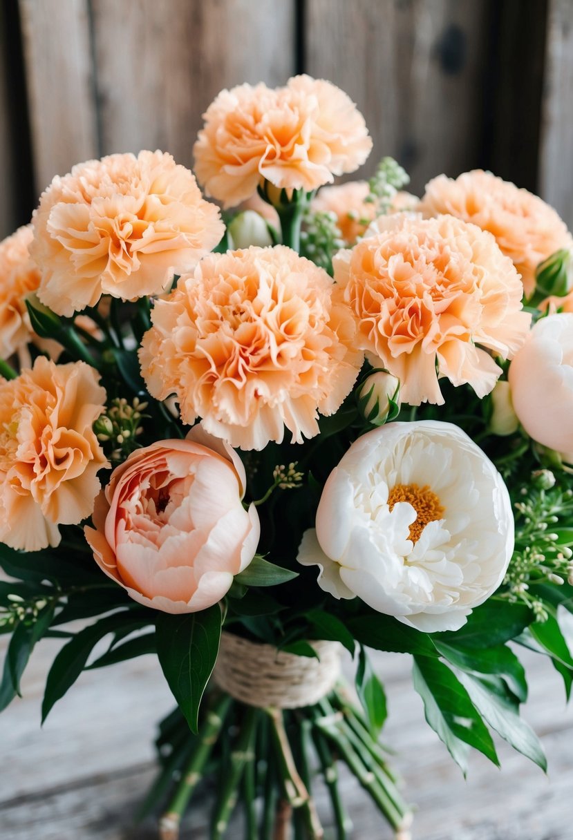 A lush bouquet of peach carnations and peony roses in a rustic, garden-inspired arrangement