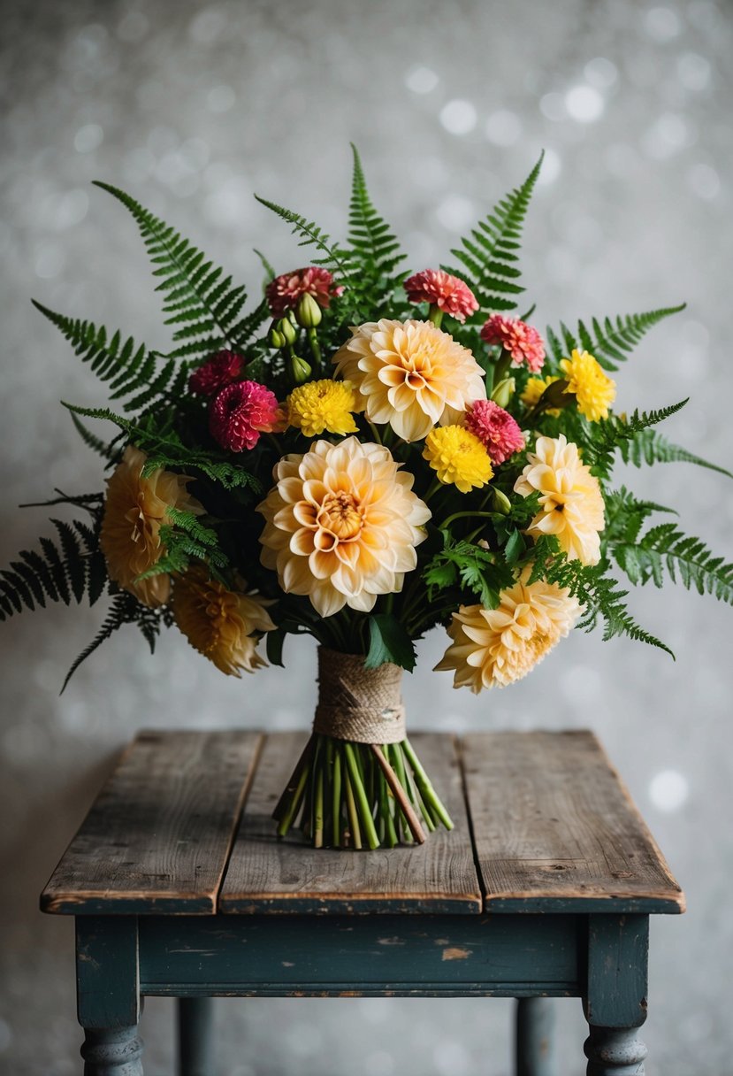 A rustic bouquet with dahlias and ferns, accented with carnations, sits atop a weathered wooden table