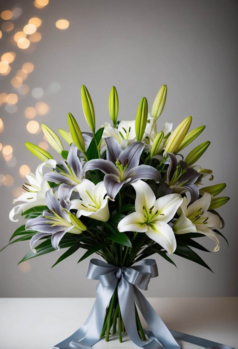 A vintage-inspired lily bouquet in shades of grey and white, arranged in a classic 1950s style with elegant ribbon wrapping