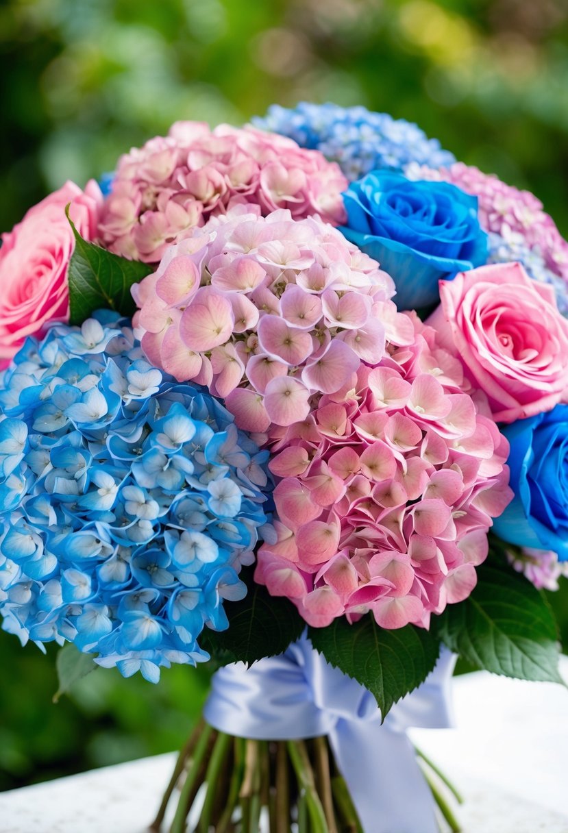 A lush bouquet of hydrangeas and roses in shades of pink and blue, tied with a satin ribbon