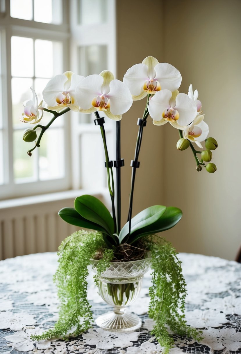 A vintage orchid bouquet, with delicate blooms and cascading greenery, sits in a crystal vase on a lace-covered table