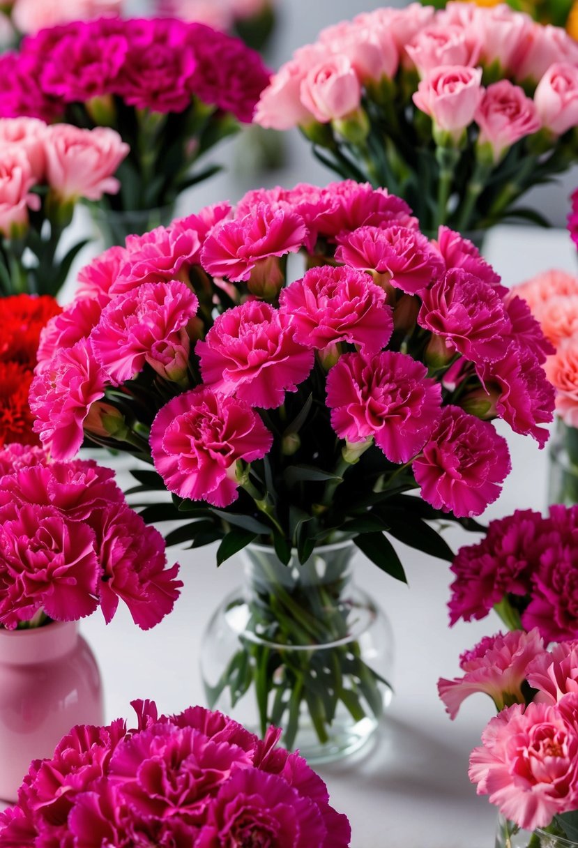 A vibrant bouquet of pink and hot pink carnations arranged in a charming and elegant display