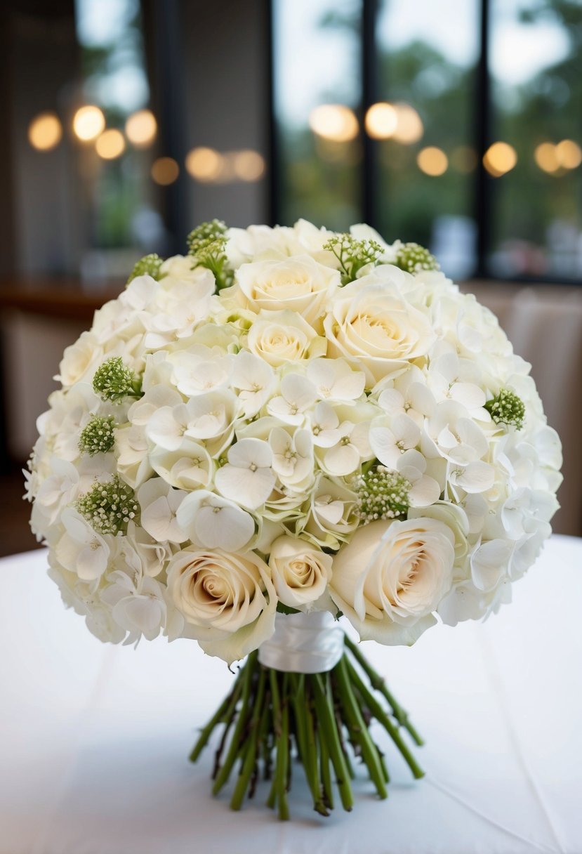 A bouquet of white hydrangeas and roses arranged in a classic wedding bouquet style