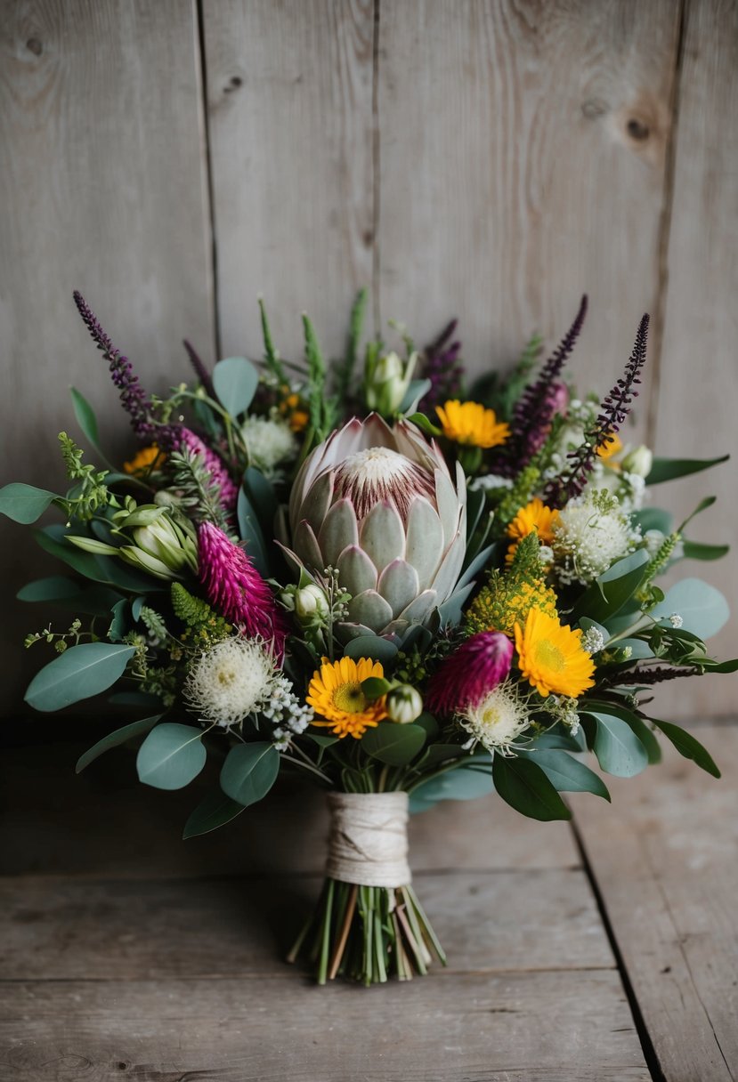 A vintage 1950s-style wedding bouquet featuring a boho protea arrangement with wildflowers and lush greenery in a rustic, hand-tied design