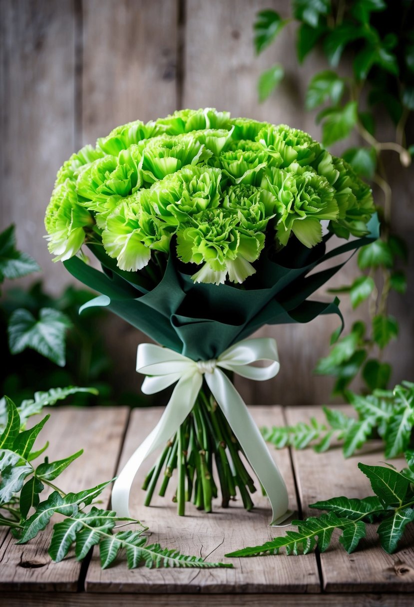 A lush bouquet of green carnations, tied with a satin ribbon, sits on a rustic wooden table, surrounded by delicate ferns and ivy