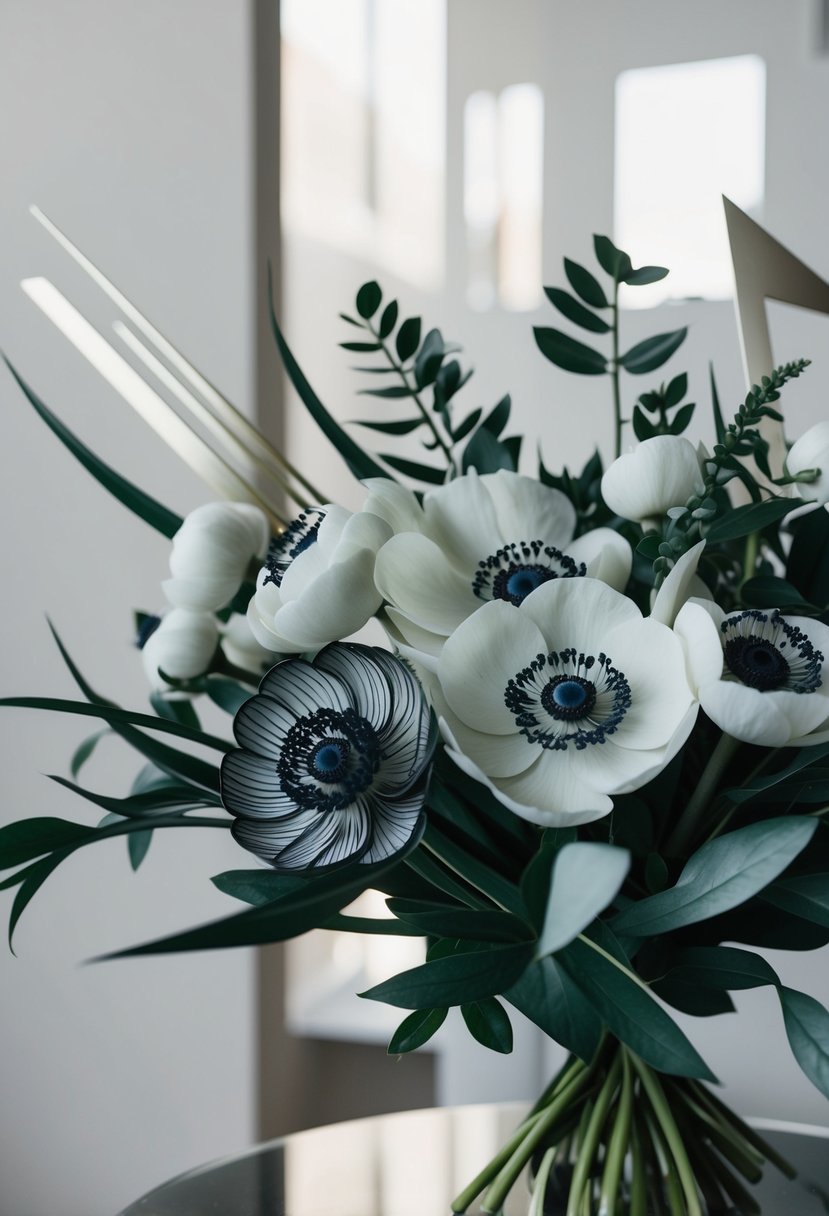 A sleek, monochromatic bouquet of anemones and minimalist foliage, accented with metallic details and geometric shapes, exudes a chic 1950s vibe