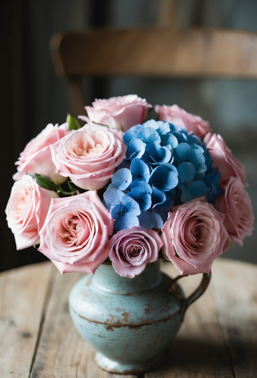 A bouquet of blush pink roses and blue hydrangeas arranged in a rustic, vintage-inspired vase