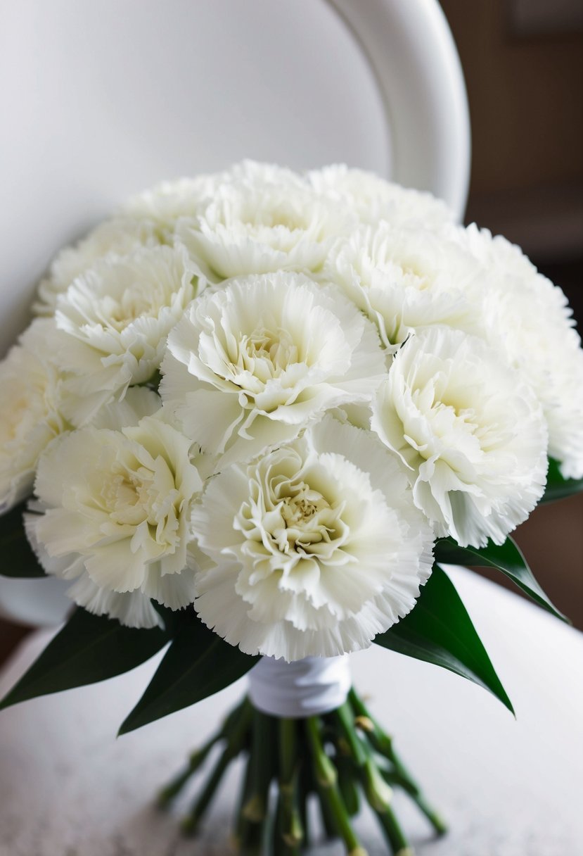 A classic white carnation wedding bouquet, arranged in a simple and elegant style, with a focus on the beauty of the flowers