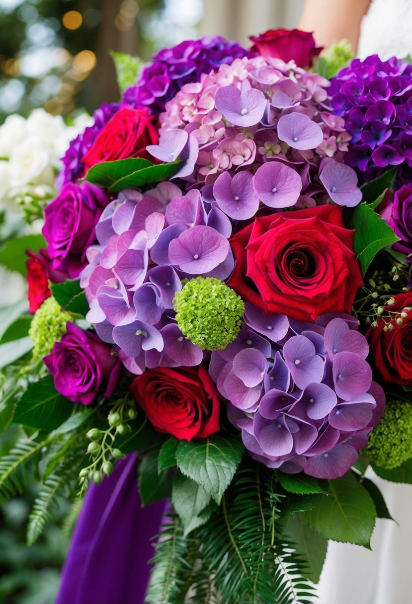 A lush bouquet of hydrangeas and roses in vibrant shades of purple and red, arranged in a cascading style with greenery