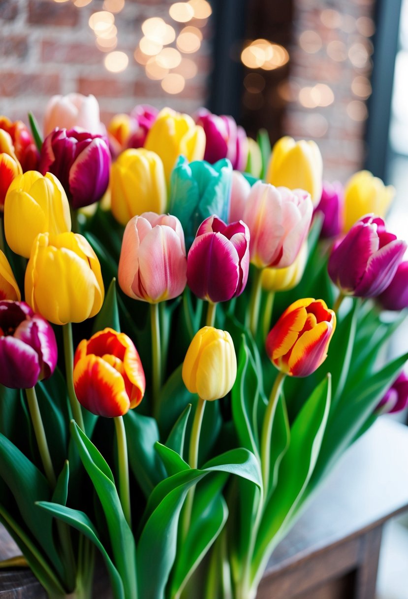 A lush cluster of vibrant tulips arranged in a 1950s style wedding bouquet, with a mix of pastel and bold colors