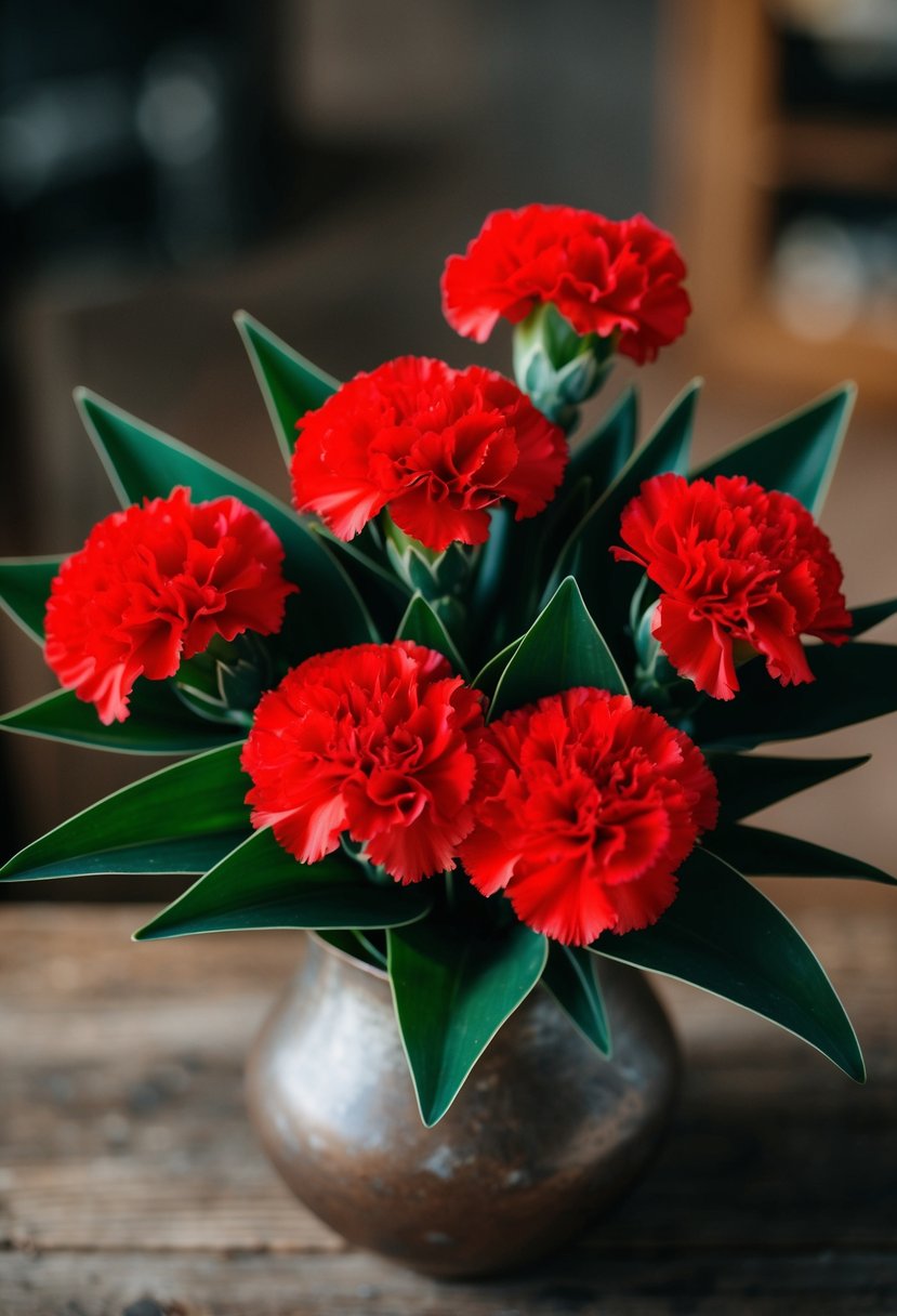 A vibrant red carnation bouquet, with bold green leaves, arranged in a rustic vase