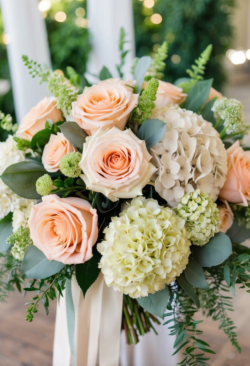 A lush bouquet of peach roses and ivory hydrangeas arranged in a cascading style, with delicate greenery and ribbon accents