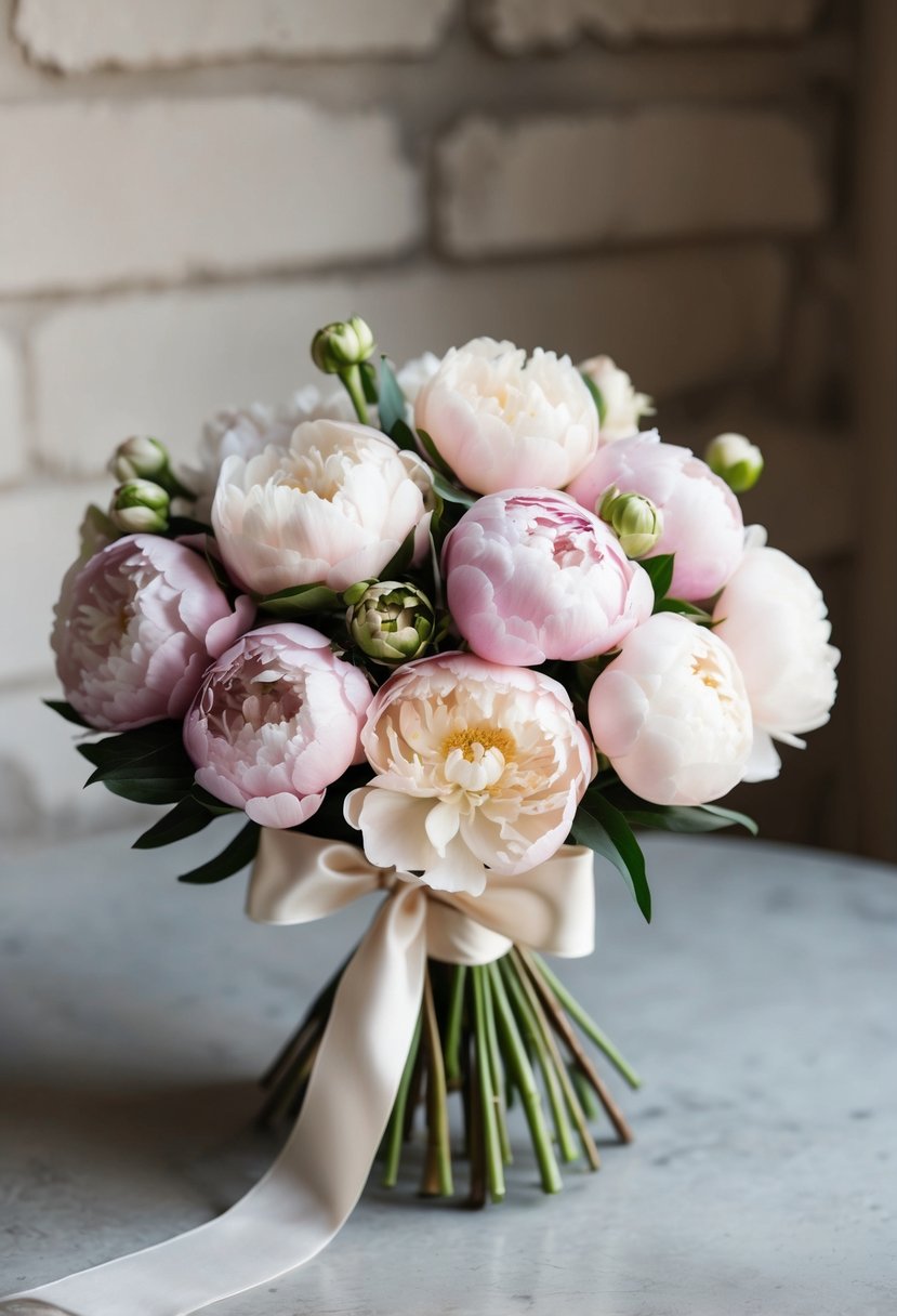 A vintage-inspired bouquet of whimsical peonies in soft pastel colors, tied with a delicate satin ribbon