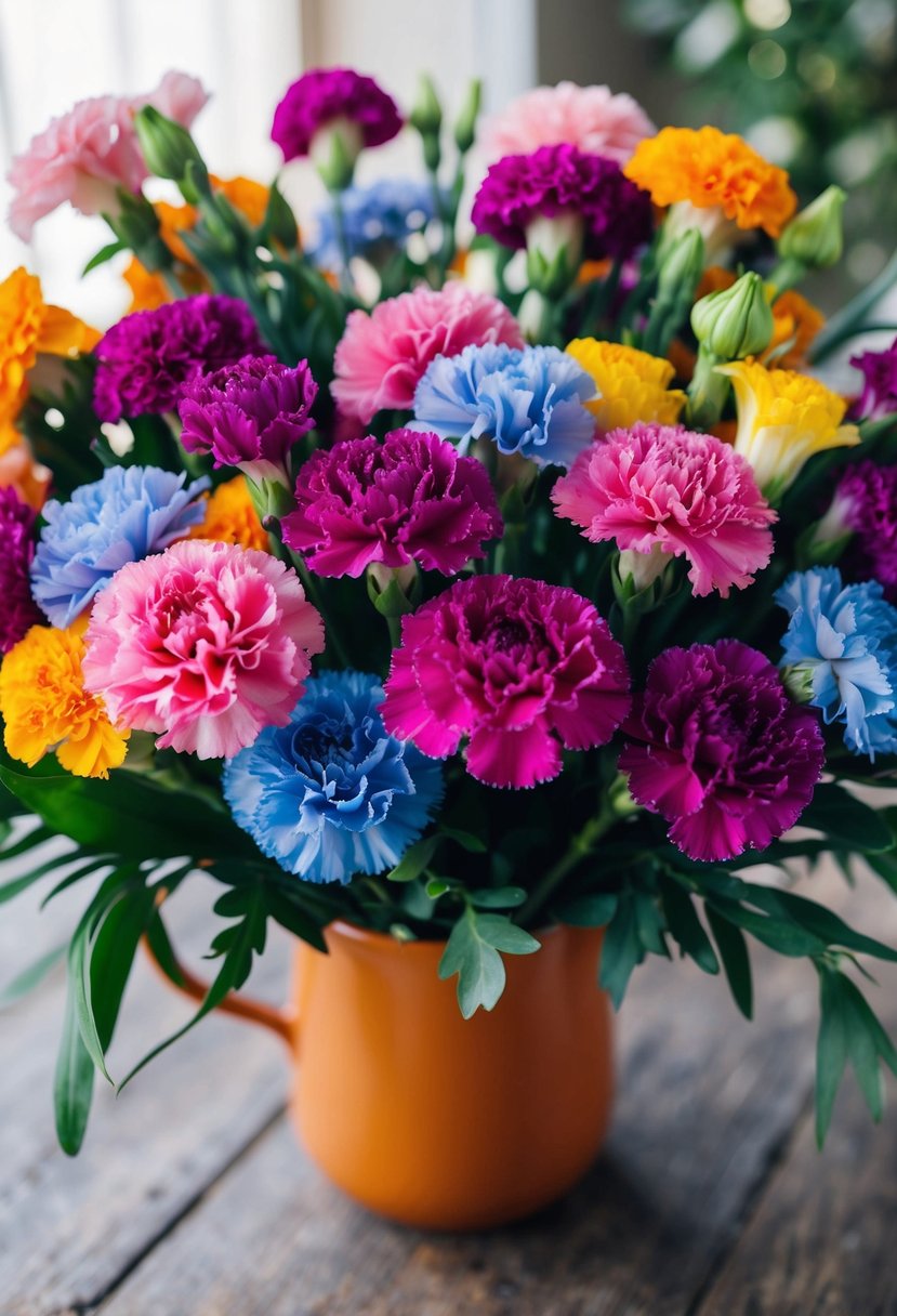 A vibrant bouquet of mixed bohemian carnations in various colors and sizes, arranged in a loose and organic style