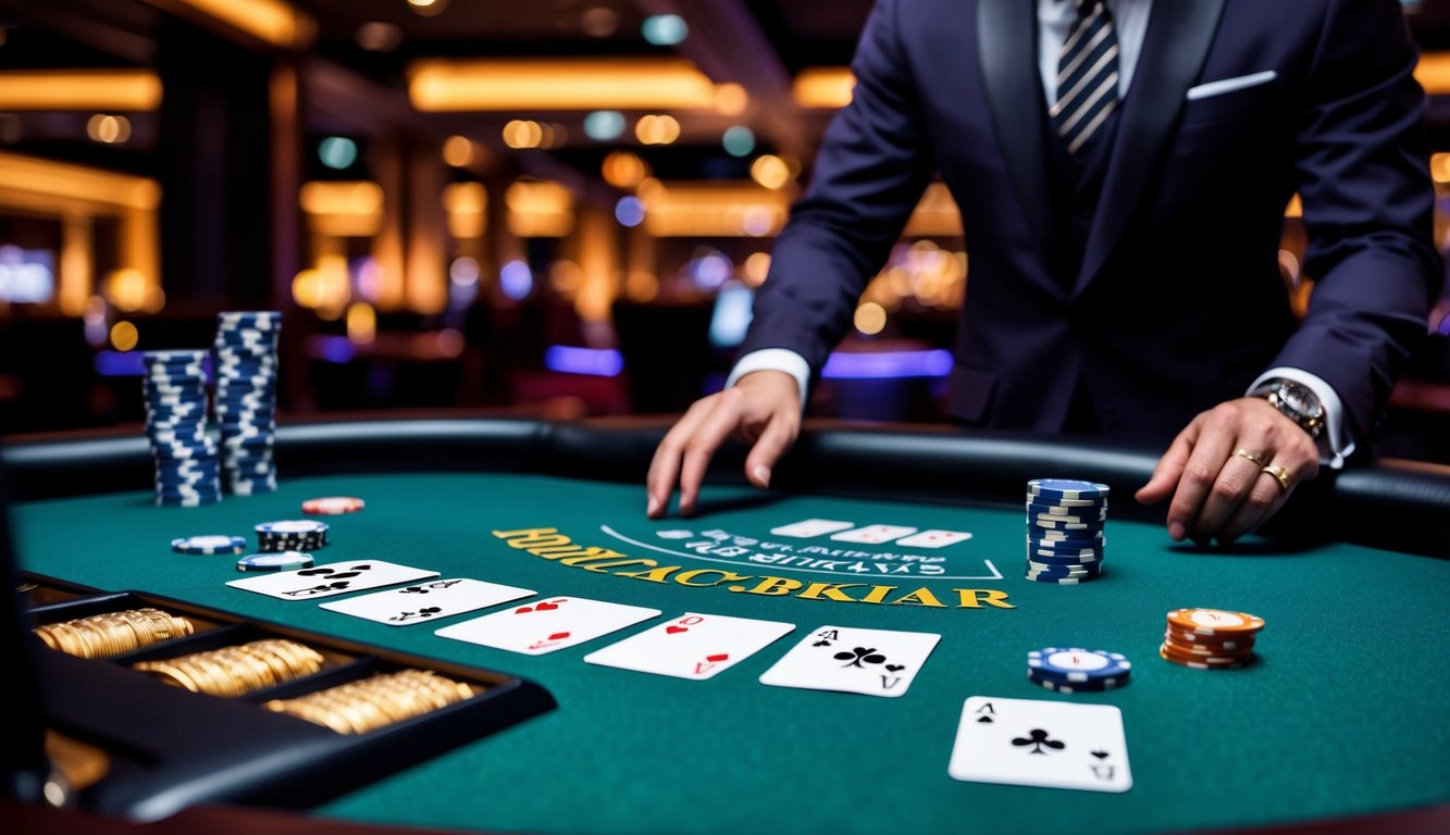 Sebuah meja kasino yang meriah dengan kartu, chip, dan dealer yang ramping siap untuk permainan blackjack online