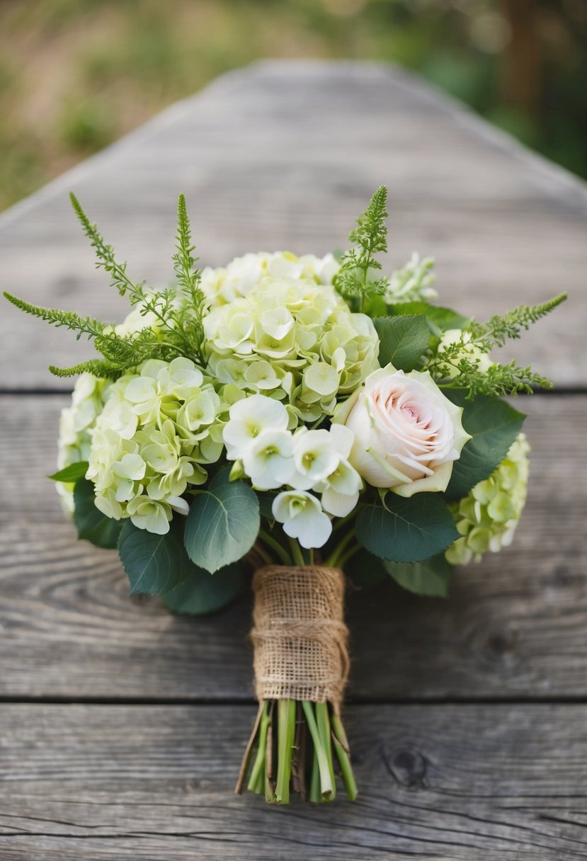 A rustic, burlap-wrapped bouquet featuring hydrangeas and roses, with a natural, organic feel perfect for a wedding celebration