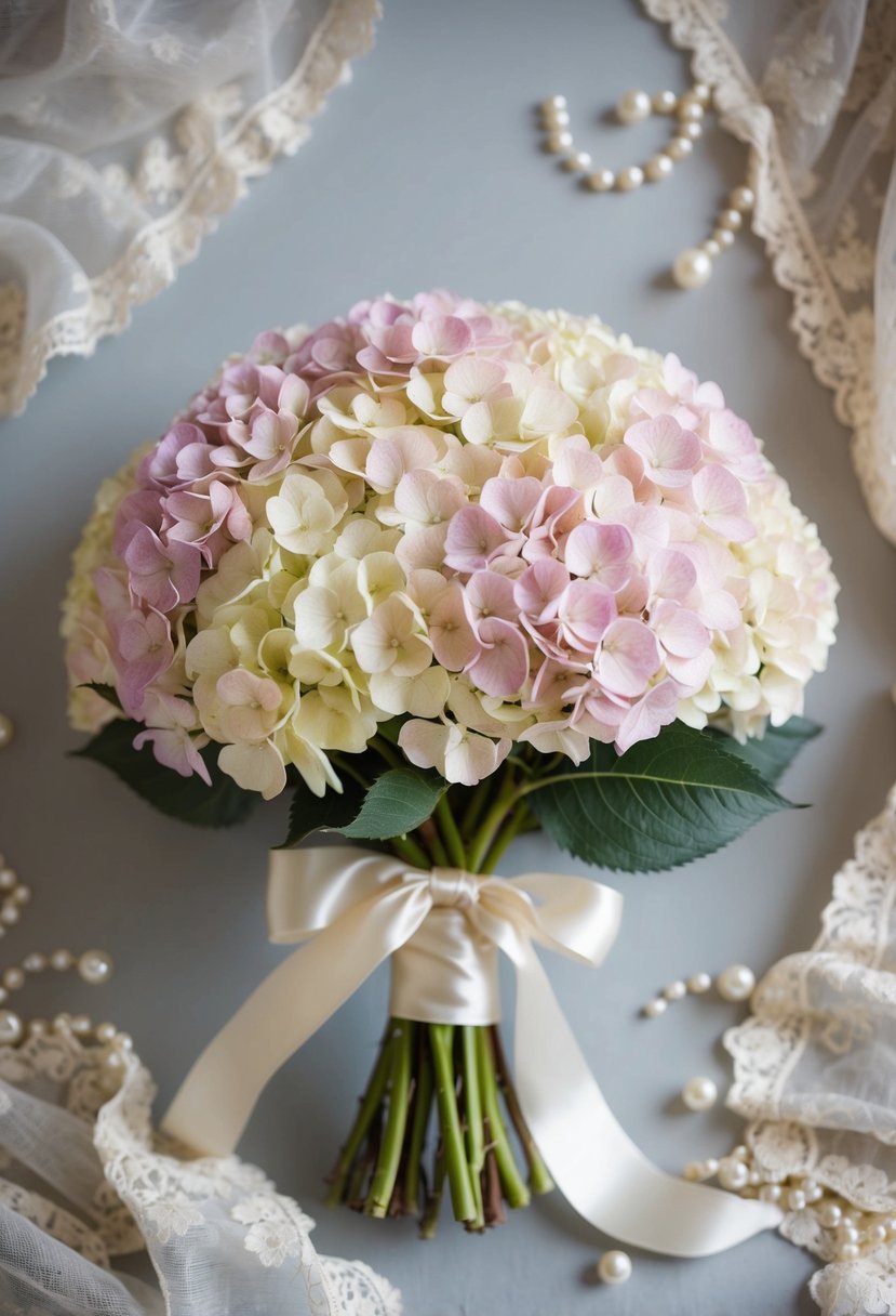 A vintage-inspired bouquet of pastel hydrangeas tied with a satin ribbon, surrounded by delicate lace and pearl accents