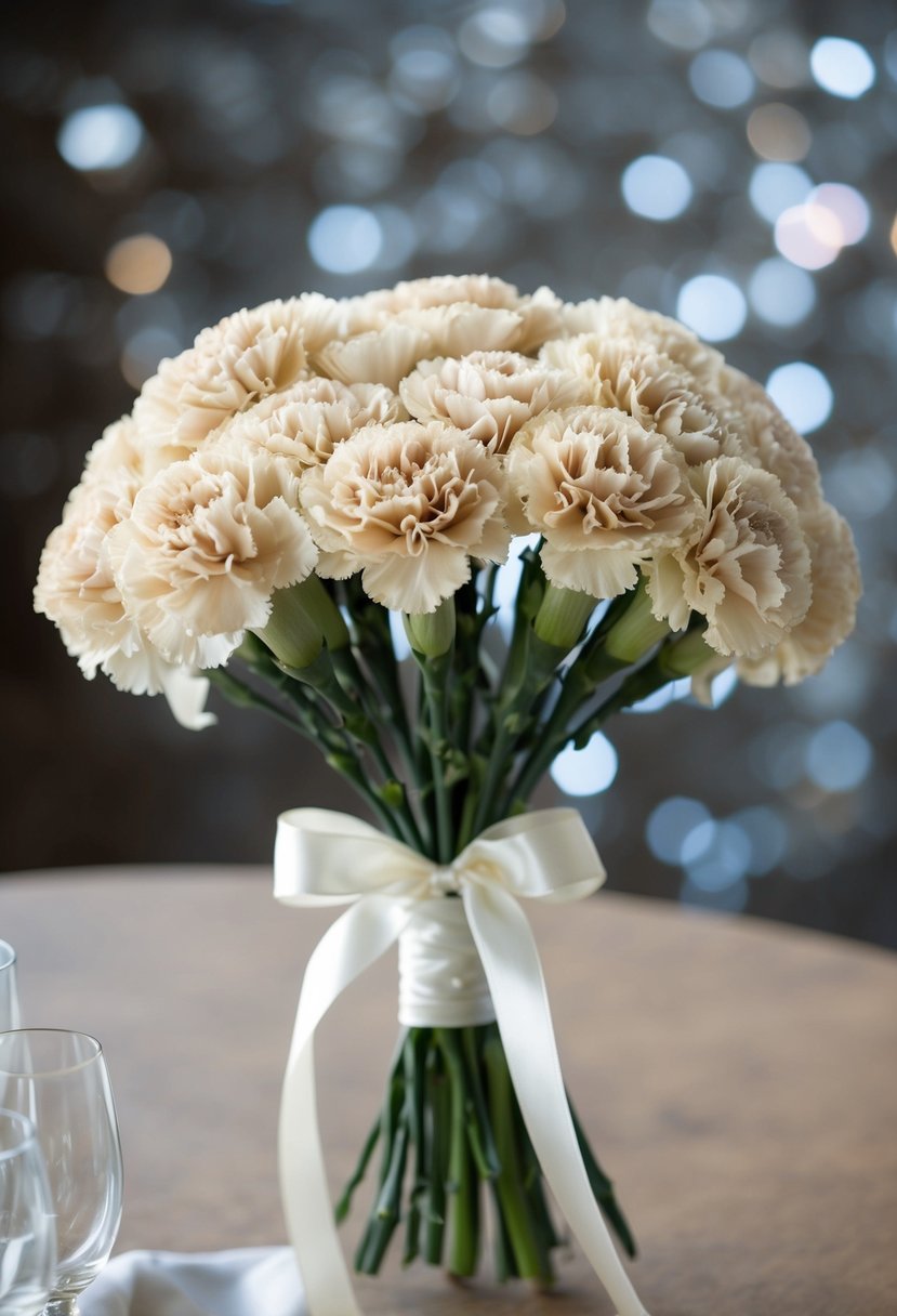 A bouquet of neutral ribbon-wrapped carnations arranged in a wedding bouquet