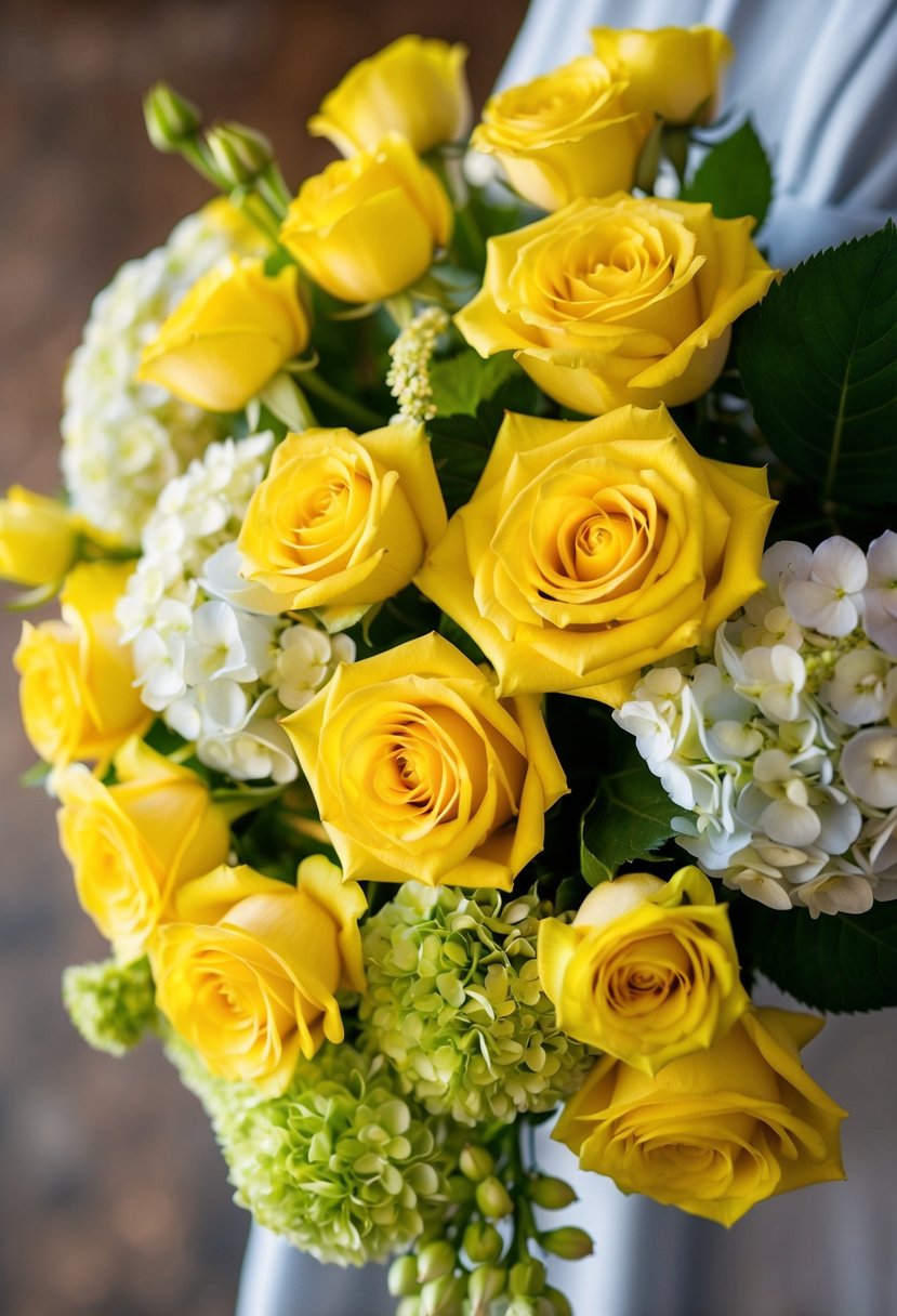 A vibrant bouquet of yellow roses and hydrangeas arranged in a cascading style