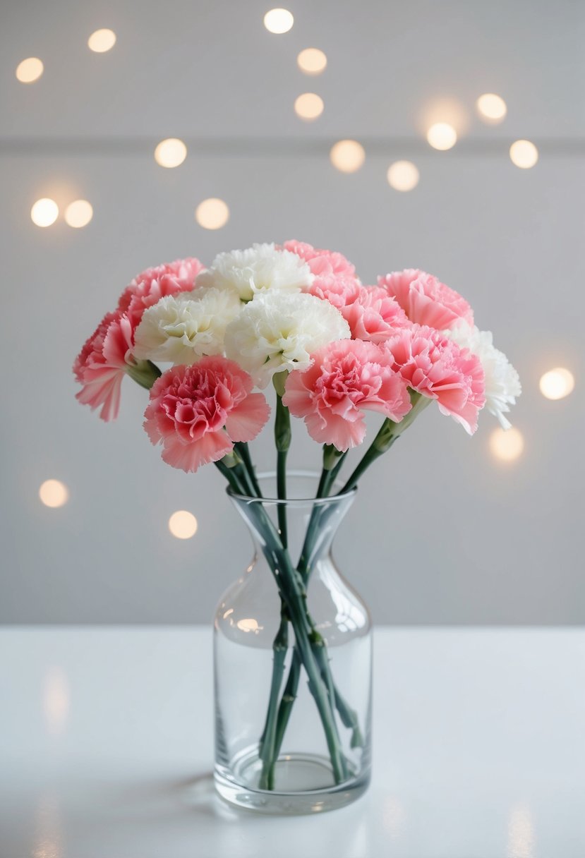 A simple glass vase holds a cluster of pink and white carnations, arranged in a neat and minimalist style