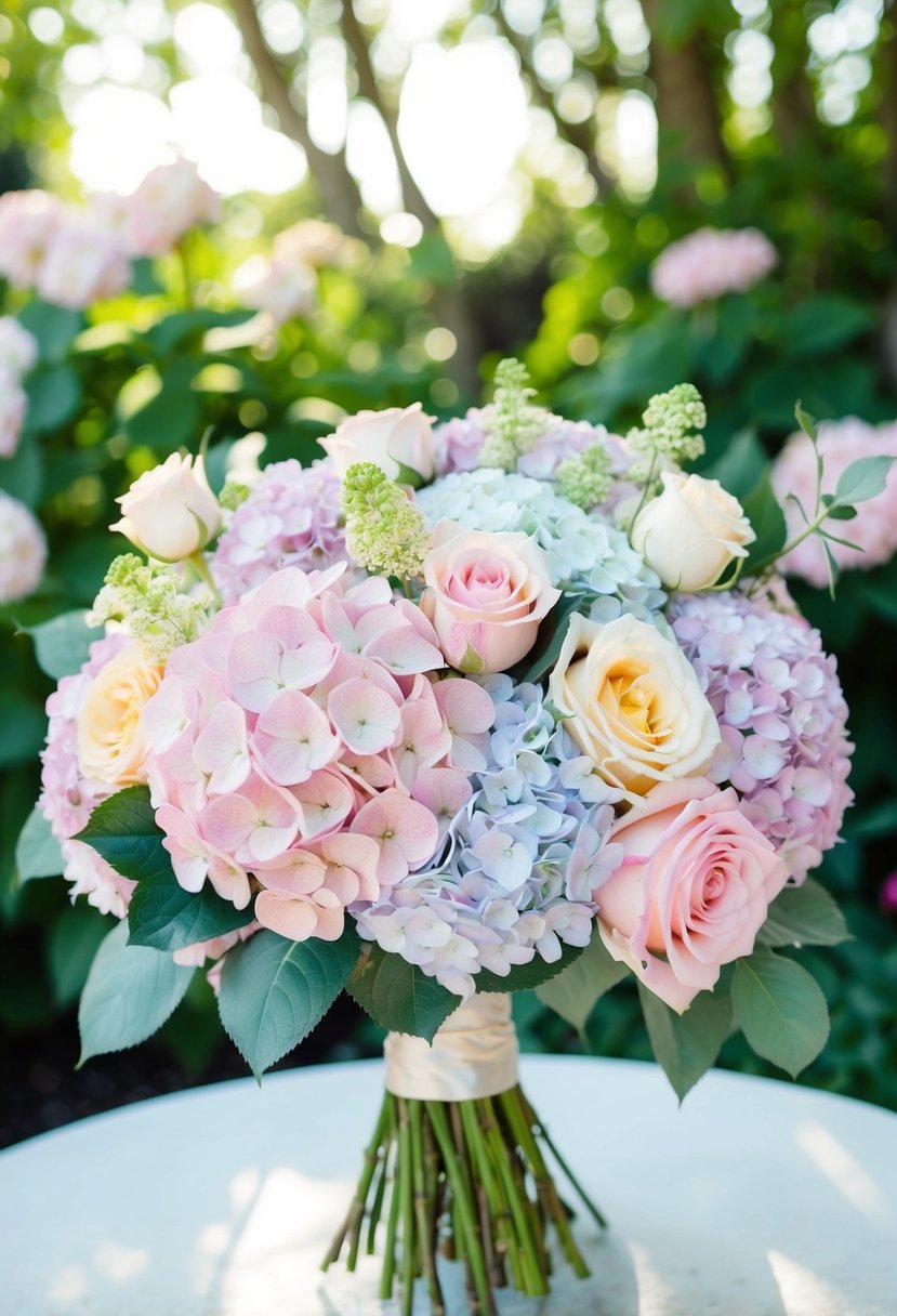 A lush bouquet of pastel hydrangeas and roses, arranged in a garden setting with soft sunlight filtering through the foliage