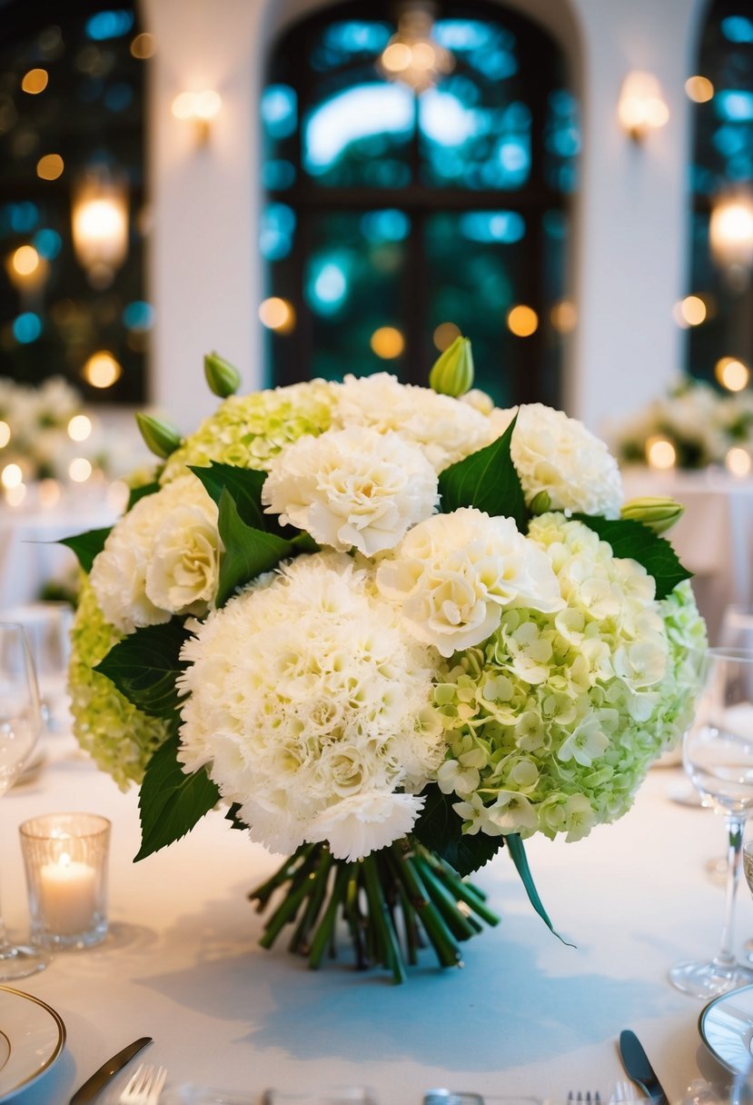 A lush bouquet of carnations and hydrangeas in a luxurious wedding setting