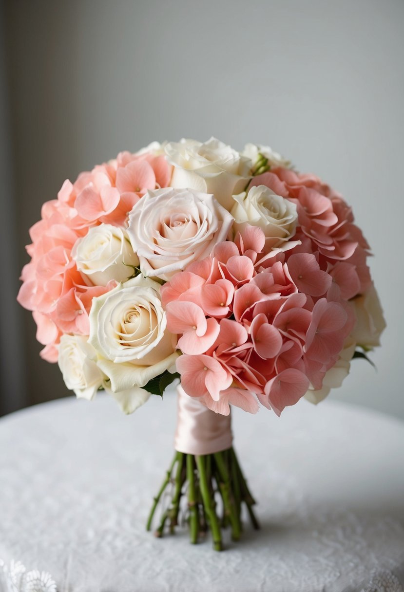 A delicate wedding bouquet of coral hydrangeas and cream roses, arranged in a dainty and elegant manner