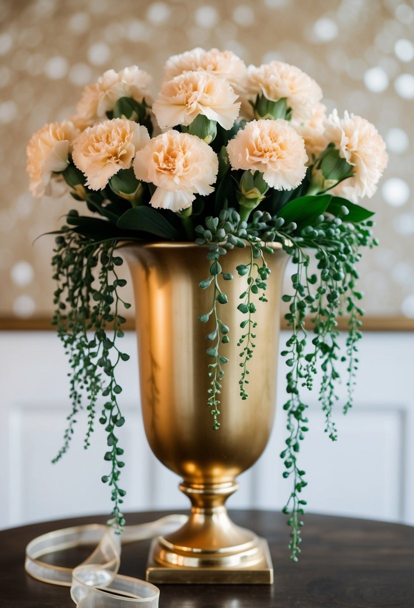 A vintage glam carnation arrangement in a gold vase with cascading greenery and delicate ribbon accents