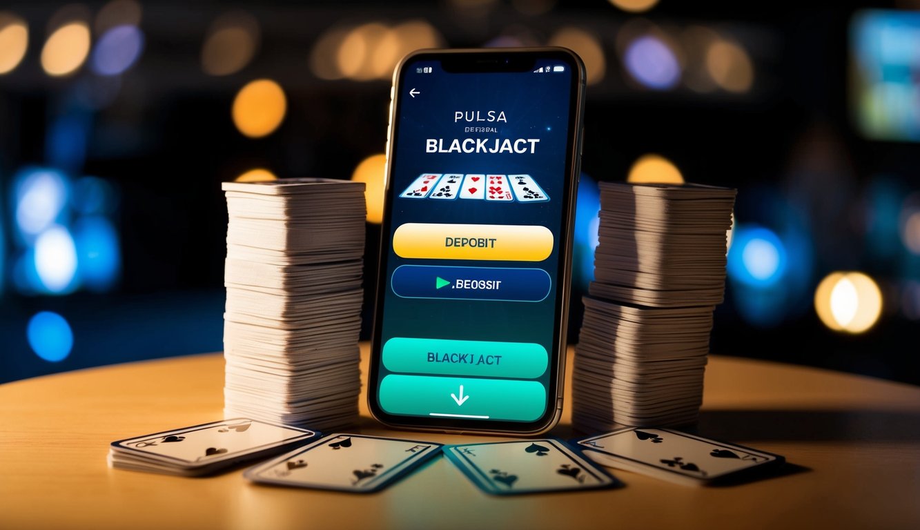 Sebuah smartphone dengan layar yang bercahaya menampilkan permainan blackjack online, dikelilingi oleh tumpukan kartu pulsa dan tombol deposit yang berdenyut.