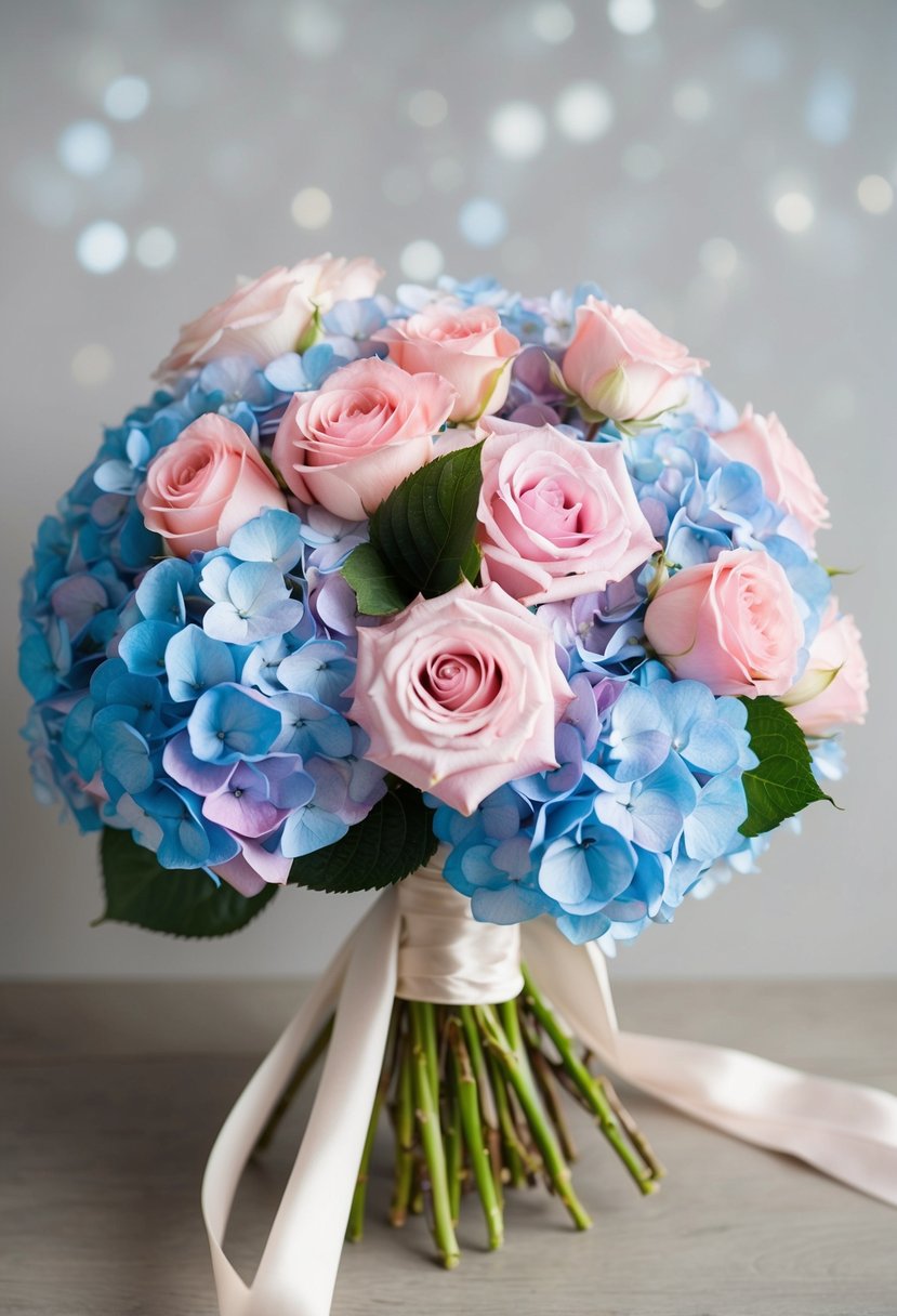 A delicate bouquet of pink and blue hydrangeas intertwined with soft pink roses, arranged in a flowing and elegant manner