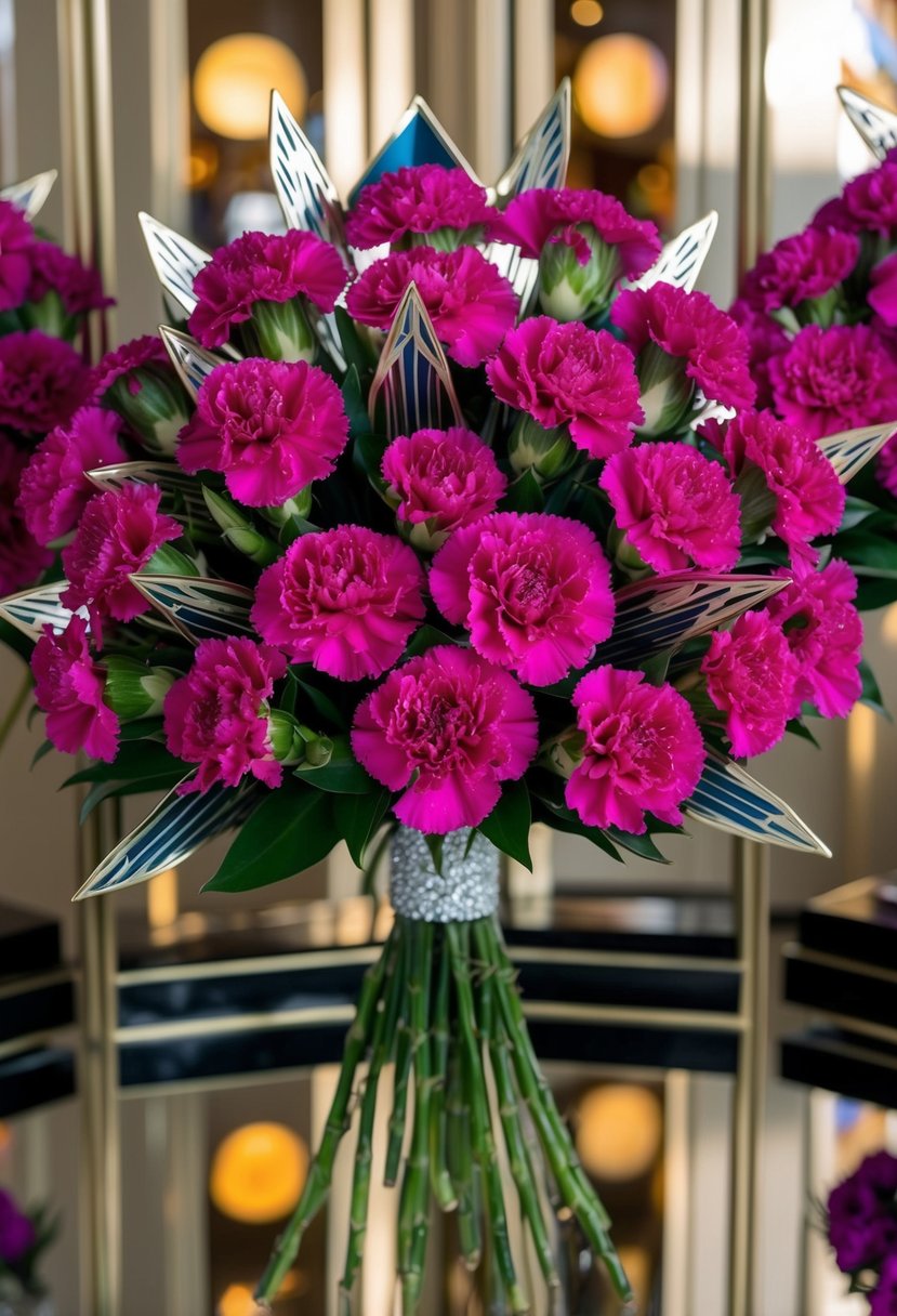 A lush bouquet of vibrant, Art Deco-inspired carnations arranged in a cascading style, accented with geometric shapes and metallic accents