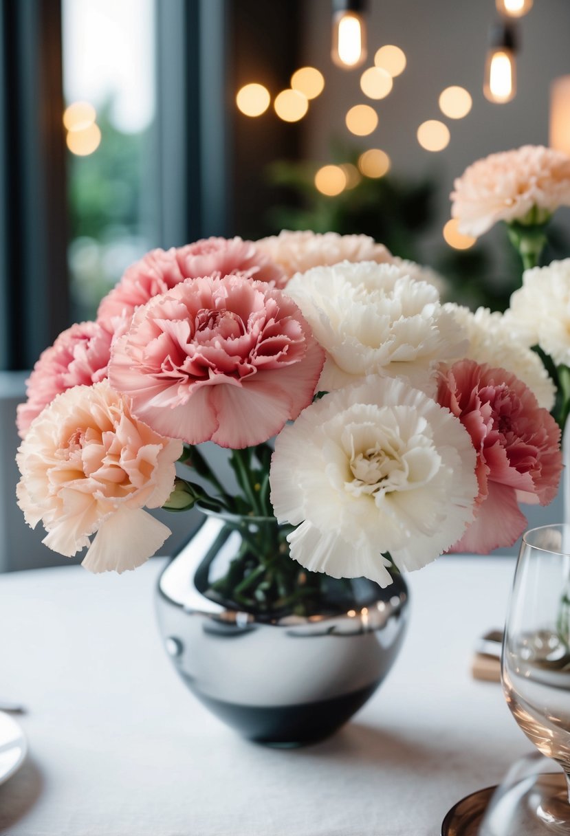 A modern blush carnation centerpiece with varying shades of pink and white, arranged in a sleek glass vase